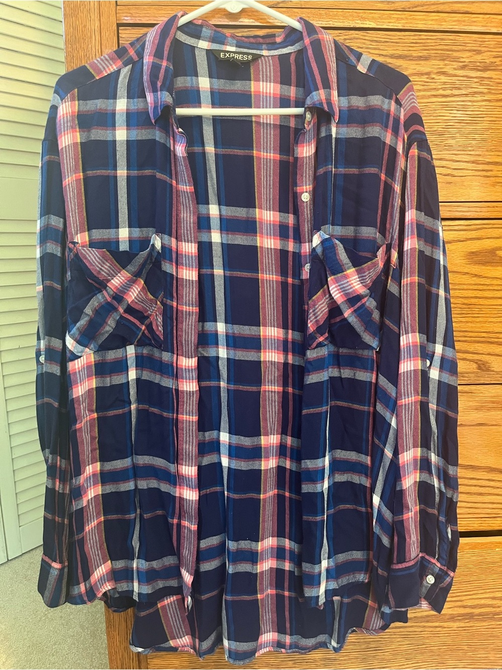 Express Navy Plaid Button-Up Flannel with Pink & White Stripes